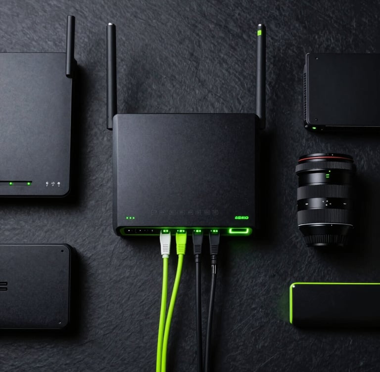 Top-down flat lay of an organized tech-lab workbench, clean cable management, high-end routers, dark slate background, neon green LED highlights, macro lens