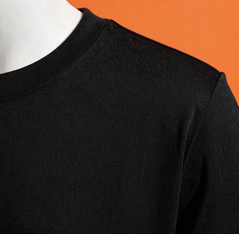 Extreme close-up of a structured black T-shirt collar and shoulder seam, highlighting the dense fabric texture, direct sunlight, 35mm lens.