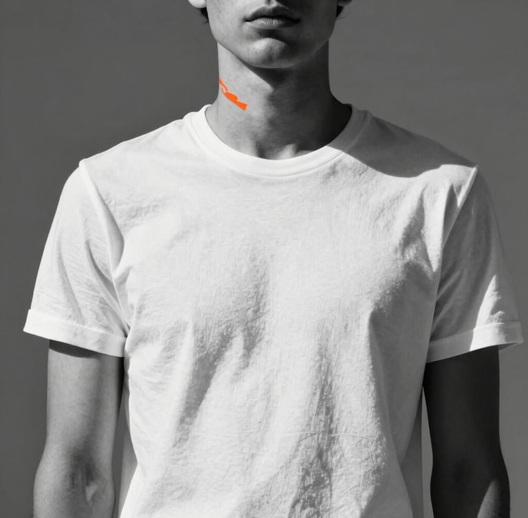 Low-angle studio fashion photograph of a model wearing a structured white T-shirt, direct harsh sunlight casting sharp shadows, high-contrast minimalist background, 35mm lens.
