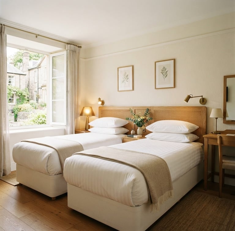 Bright, clean guest room with soft warm interior lighting, crisp white linens on twin beds, natural daylight from a wide window, 35mm lens