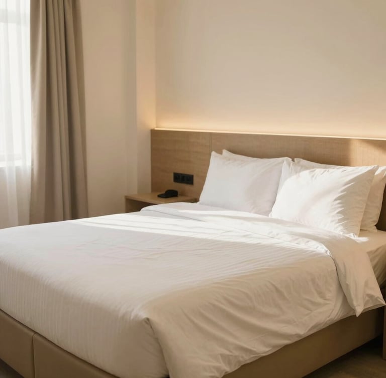 Bright clean guest room at Tulip Inn Al Dar Madinah, crisp white linens on a large comfortable bed, soft warm interior lighting, morning light, 35mm photography