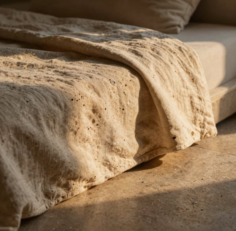 Extreme macro close-up of heavy linen sheets and textured travertine stone under warm, soft interior ambient light, highlighting rich tactile materials, cinematic architectural photography, golden-hour low-sun, warm sand and obsidian tones, dramatic shadows, medium format