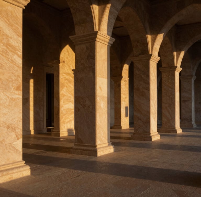Extreme wide-angle architectural shot of soaring travertine colonnades at dusk, dramatic golden-hour shadows casting long lines across a private terrace.