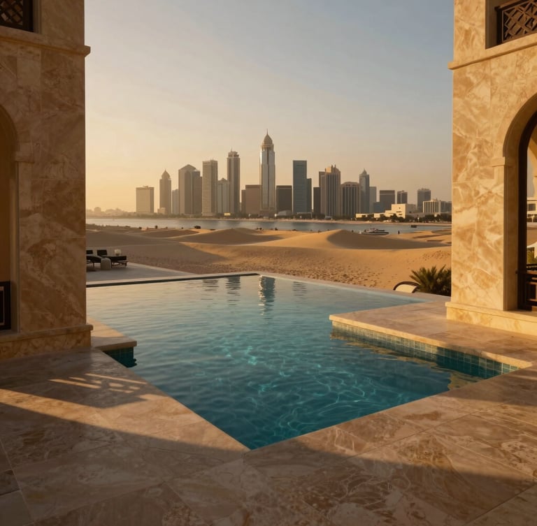 Extreme wide-angle architectural shot of a private plunge pool overlooking the Sheikh Zayed skyline at dusk, dramatic golden-hour shadows, warm travertine stone, medium format.