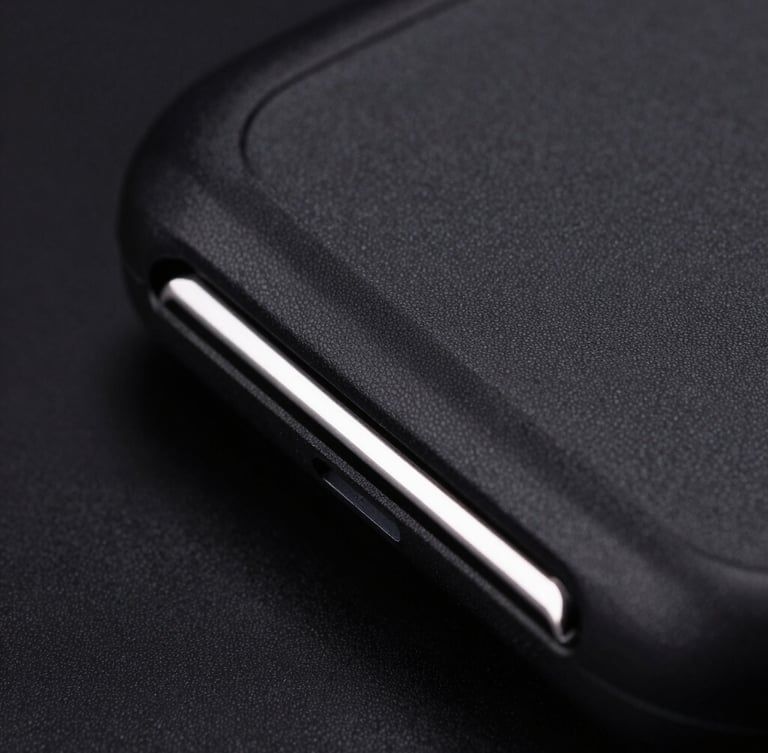 Extreme macro close-up of a pitch-black aramid fiber case edge, sharp studio rim lighting, deep black background, ultra-detailed product photography