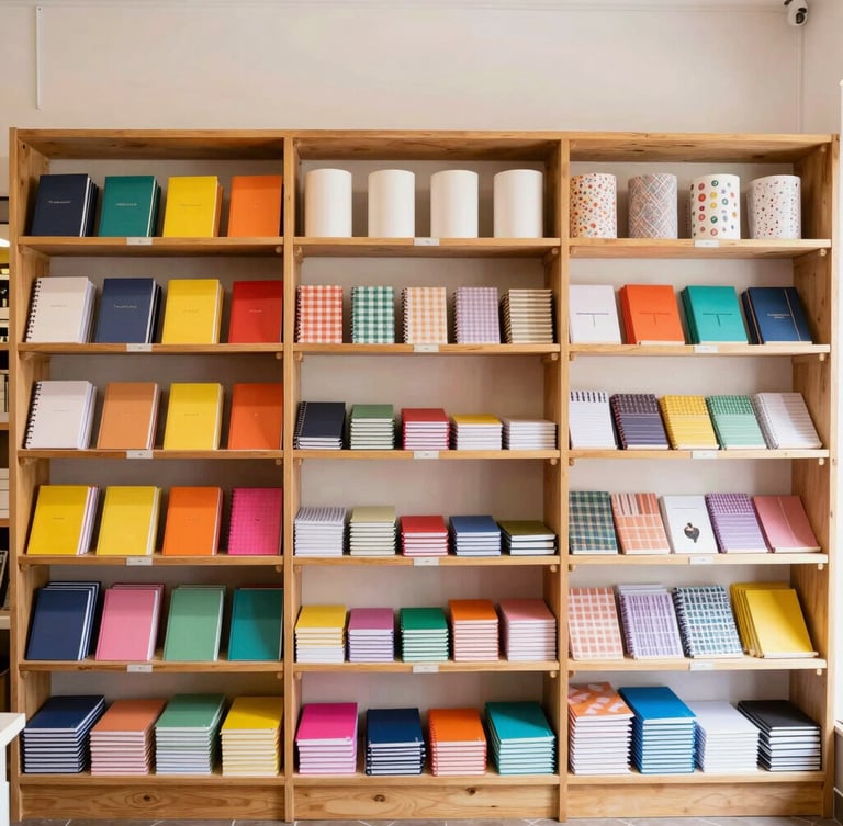 Warm daylight interior shot of a friendly local stationery store in Morelia, neatly organized shelves with notebooks and colorful paper rolls, welcoming atmosphere
