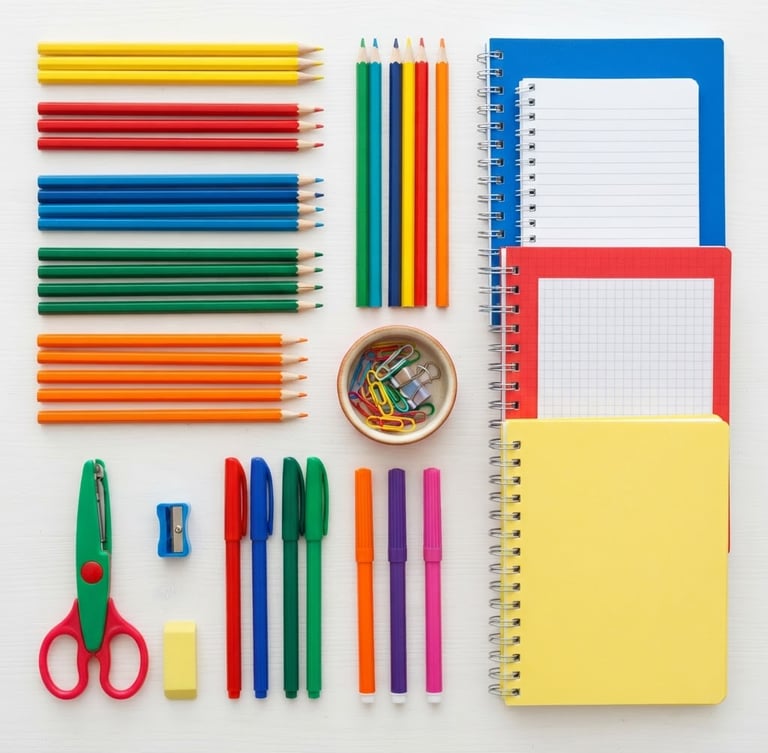 Overhead flat-lay of colorful school supplies, neatly organized wooden pencils, notebooks, and scissors on a clean white desk, bright natural daylight