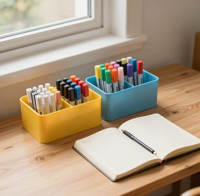 A cozy study corner with a wooden desk, a colorful desk organizer filled with markers, a notebook open, soft window light, warm and inviting atmosphere