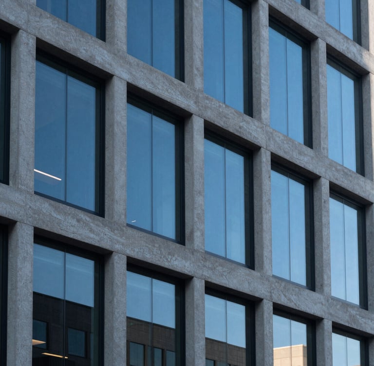 A sharp architectural crop of a modern office building exterior in Logan Utah under crisp cool daylight, concrete and glass details