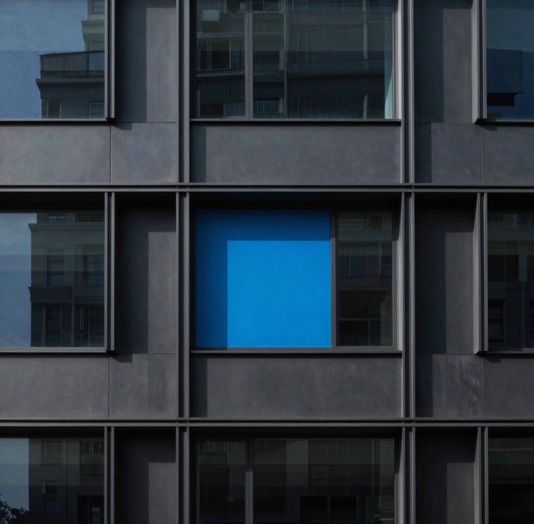 Minimalist architectural crop of a modern corporate office facade with sharp geometric shadows in cool crisp daylight, 35mm