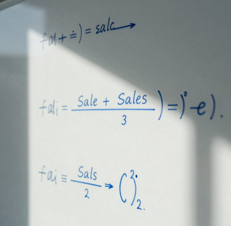 Abstract close-up of a whiteboard covered in mathematical sales formulas, cool daylight, sharp shadows, minimalist corporate style