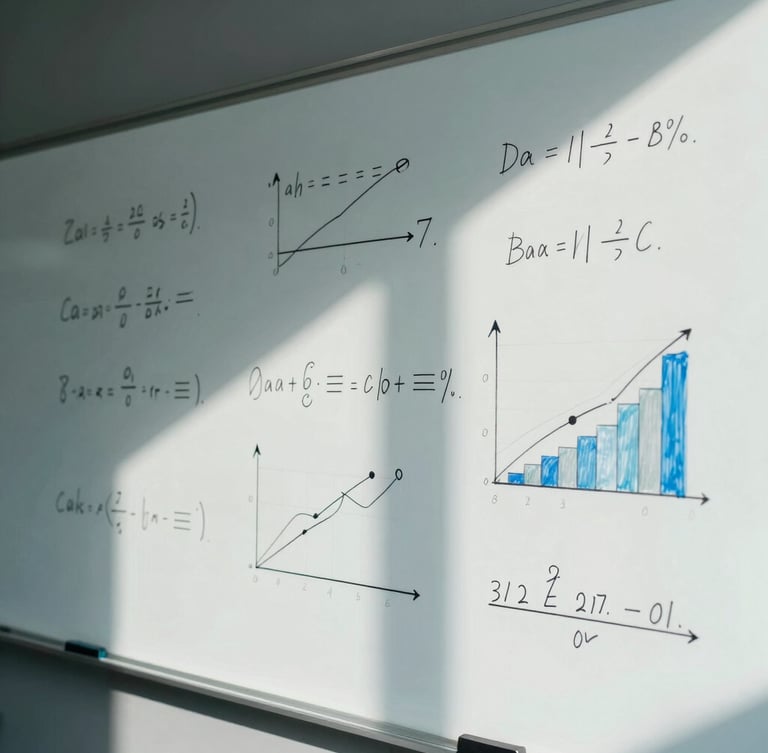 An abstract close-up of a glass whiteboard covered in clean mathematical formulas and sales performance graphs, sharp shadows cast by cool office daylight, minimalist corporate environment.