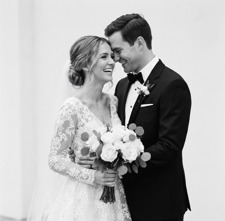 Editorial portrait of a bride and groom in elegant attire, soft natural daylight, clean white background, romantic and sophisticated