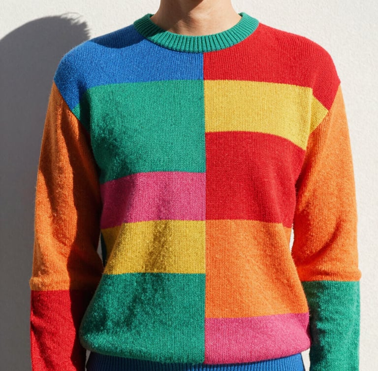 Vibrant editorial photography of a model wearing a clashing patterned knit sweater in bright direct midday sunlight, casting sharp playful shadows, highly saturated colors, 35mm