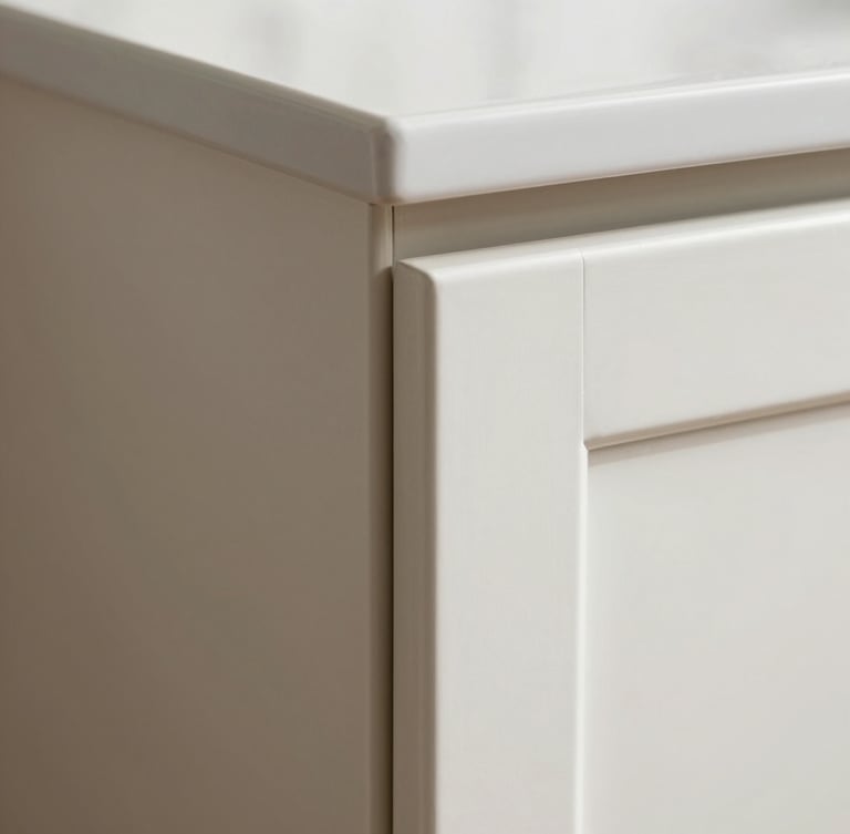 Macro close-up shot of a slim shaker cabinet door corner showing precise joinery and smooth paint finish, bright natural daylight.