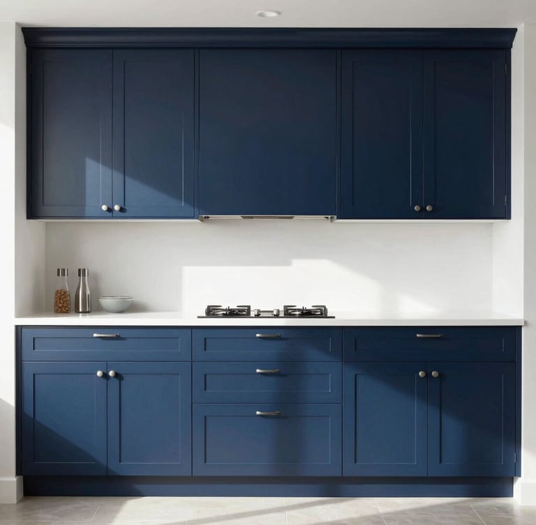 Straight-on architectural elevation of a modern kitchen featuring deep navy blue and crisp white shaker cabinets, bright natural daylight, clean shadows.