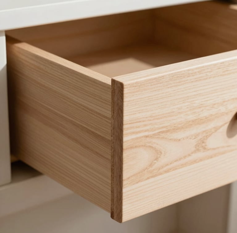 Straight-on architectural detail of a solid maple dovetail drawer joint, bright natural daylight, crisp clean shadows.
