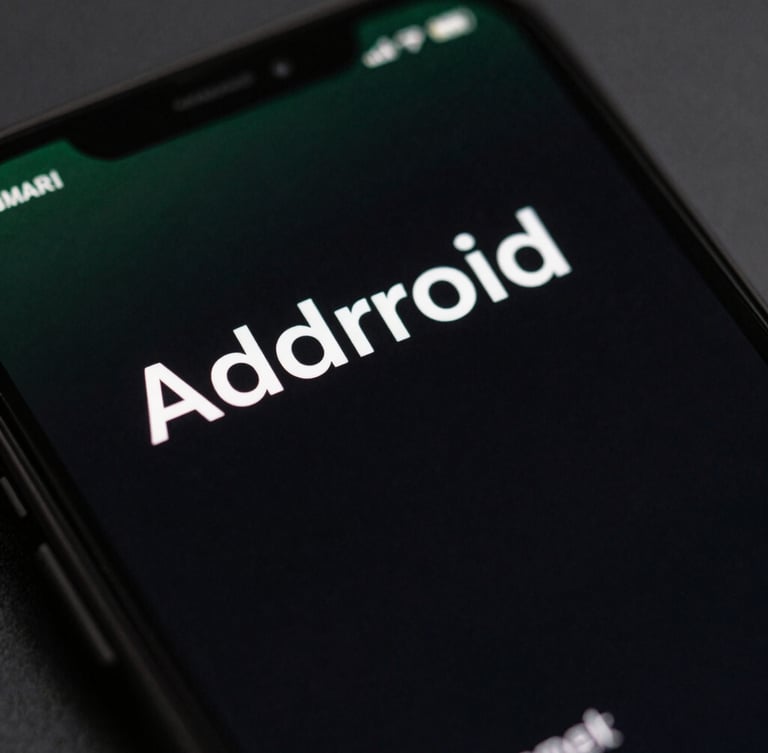 Extreme close-up macro shot of a physical Android device screen displaying a clean, high-contrast dark mode user interface, sharp focus on typography, moody studio lighting with subtle green reflections.