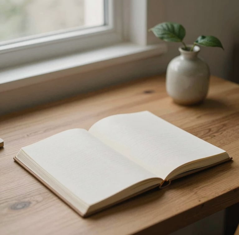 An open linen notebook on a clean wooden desk beside a small green leaf in a ceramic vase, soft diffused overcast daylight, quiet minimalist editorial style