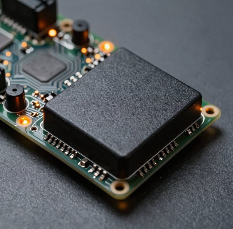 Macro close-up of a vehicle ECU circuit board with glowing orange indicator lights, cool slate-gray background, high-contrast studio lighting