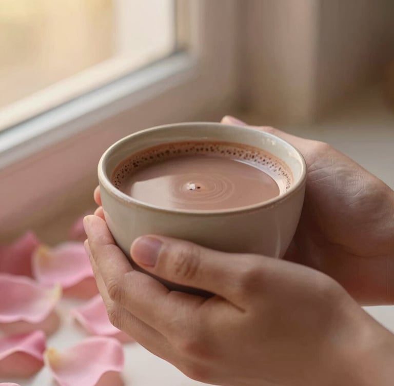 Tactile close-up of hands holding a warm ceramic cup of ceremonial cacao surrounded by soft pink petals, warm golden window light, shallow depth of field