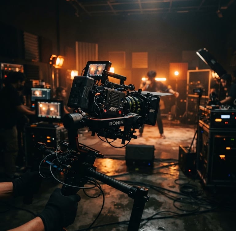 Dynamic low-angle shot of a high-end cinema camera on a motorized gimbal, warm backlights casting a vibrant orange glow in a dark Jakarta production studio, cinematic 35mm