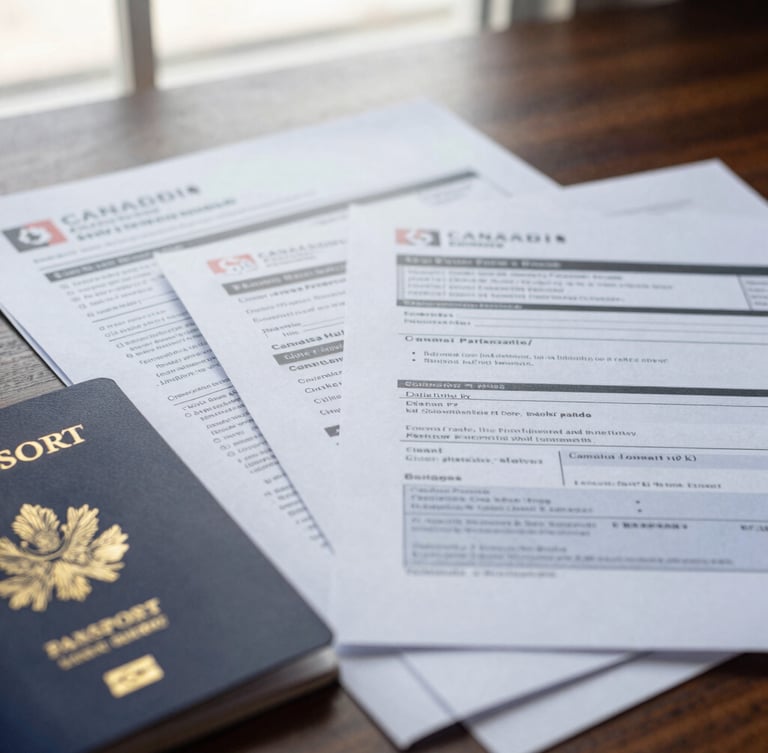 Close-up macro shot of organized financial files, Canadian visa application forms, and a passport on a dark wooden desk under soft natural window light.