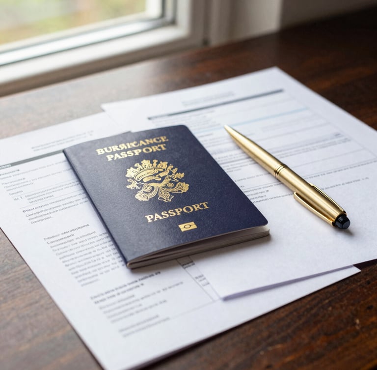 A close-up macro shot of organized UK visa application papers, a British passport, and a gold pen on a dark oak desk, bright natural daylight from a side window, sharp focus.
