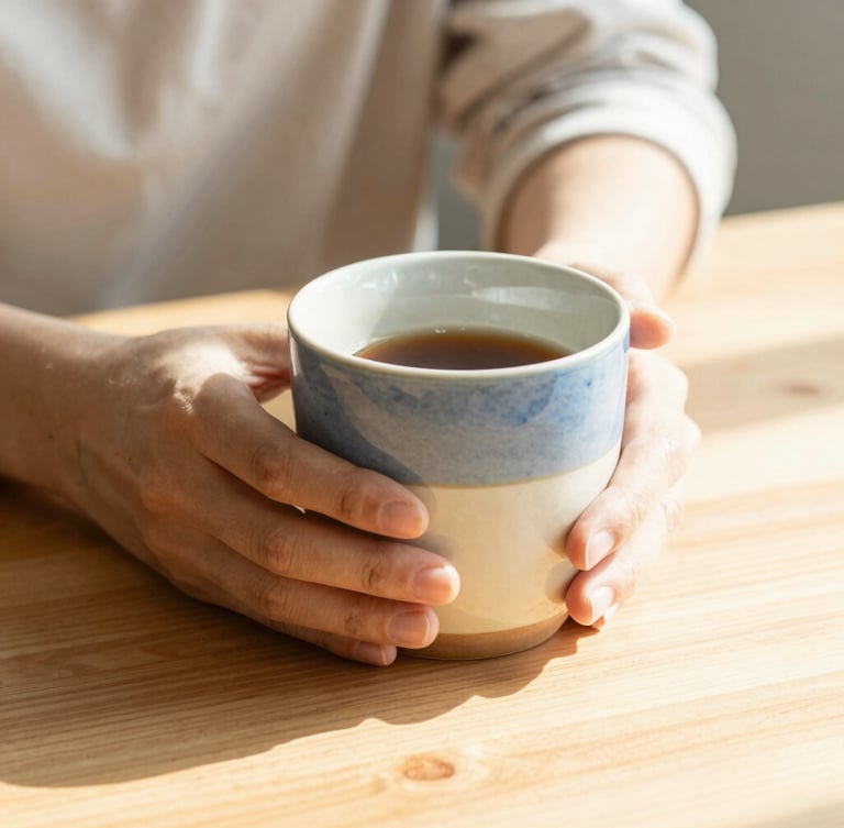 Close-up of hands holding a warm ceramic mug on a light wooden table, soft morning sunlight, natural linen texture, 35mm
