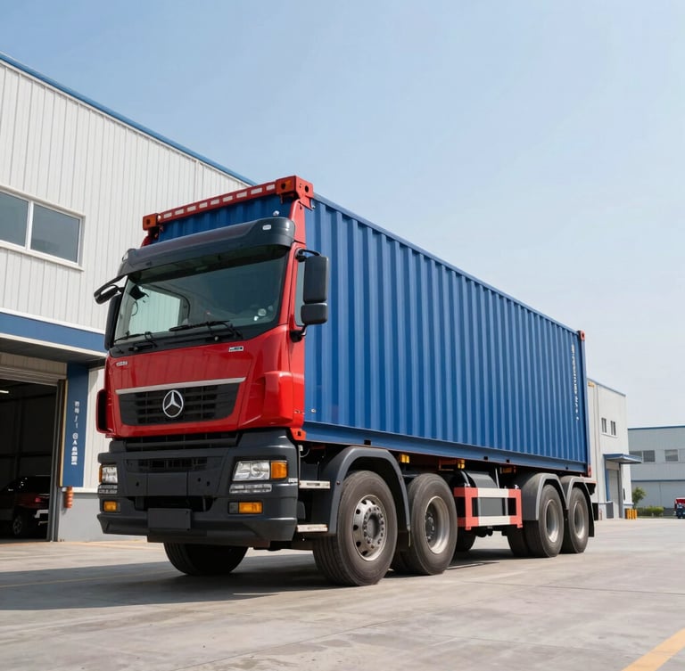 Low-angle heroic shot of a heavy-duty container truck parked at a modern industrial loading dock, high contrast blue and red tones, clear daylight