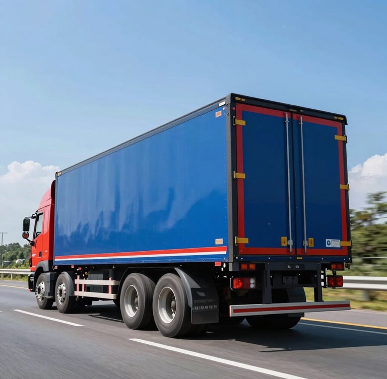 Low-angle heroic shot of a clean blue and red heavy-duty semi-truck trailer box driving on a bright Indonesian highway, clear daylight, high contrast