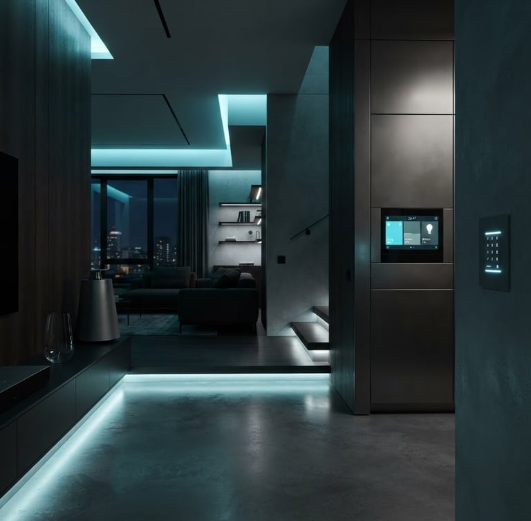Wide architectural interior with subtle smart home technology integrated, low-key ambient lighting with cool blue accents, sleek minimalist design, sharp focus on integrated elements, 35mm lens.