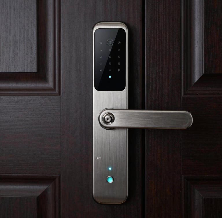 Close-up of a premium brushed-metal smart lock on a dark wood door, subtle cyan indicator light glowing, sharp focus, architectural background
