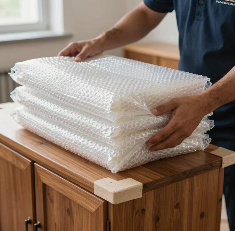 Close-up shot of a uniformed packing specialist applying thick multi-layer bubble wrap and heavy-duty edge guards to a polished wooden cabinet, bright natural light.