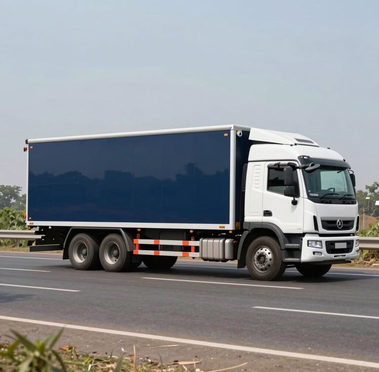 Side view of a modern, clean navy blue and white cargo truck driving on a spacious Indian highway under bright daylight, professional composition with copy space.