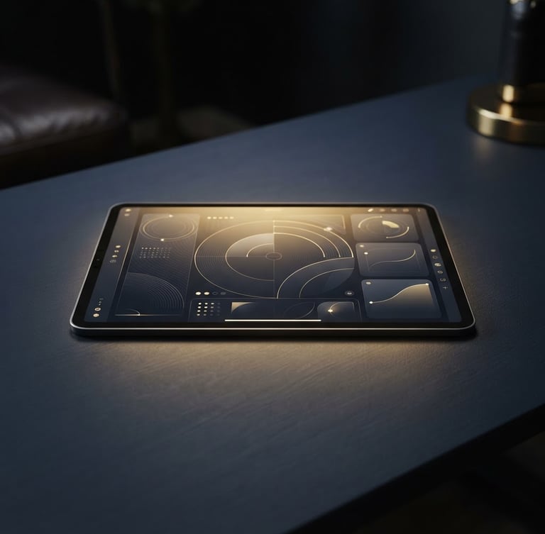 Wide shot of a sleek, minimalist digital guide mockup on a modern tablet, glowing with subtle gold light, on a dark navy desk. Sharp focus, low-key studio lighting.