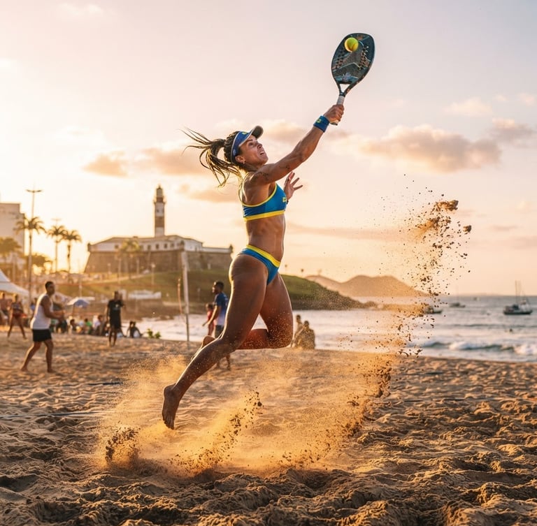 Low-angle dynamic action shot of a beach tennis player hitting a smash, golden hour sunlight backlighting the sand spray, Salvador coastline in the background, 35mm photography