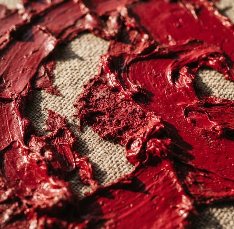 Extreme macro close-up of thick, physical crimson oil paint texture on raw linen canvas, dramatic side lighting, high contrast shadows, editorial art photography