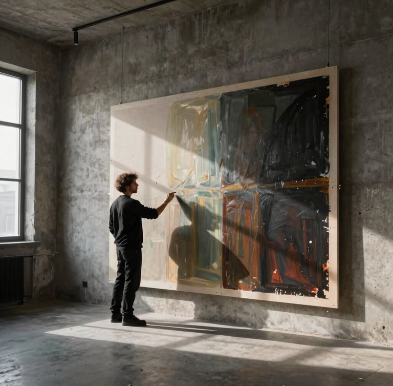 Artist in black attire working in a high-ceiling brutalist concrete studio, large-format canvas on the wall, dramatic natural side light from a high window, dark shadows
