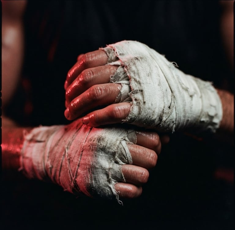 Tight close-up of hands wrapped in white cotton wraps, sweat-glistening skin, dark background with dramatic crimson side-lighting, gritty athletic photography, 35mm film