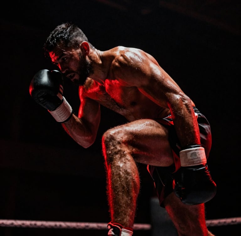Gritty athletic photography of a fighter mid-dodge, high-contrast low-key lighting, sweat-glistening skin, dramatic crimson rim light, 35mm film