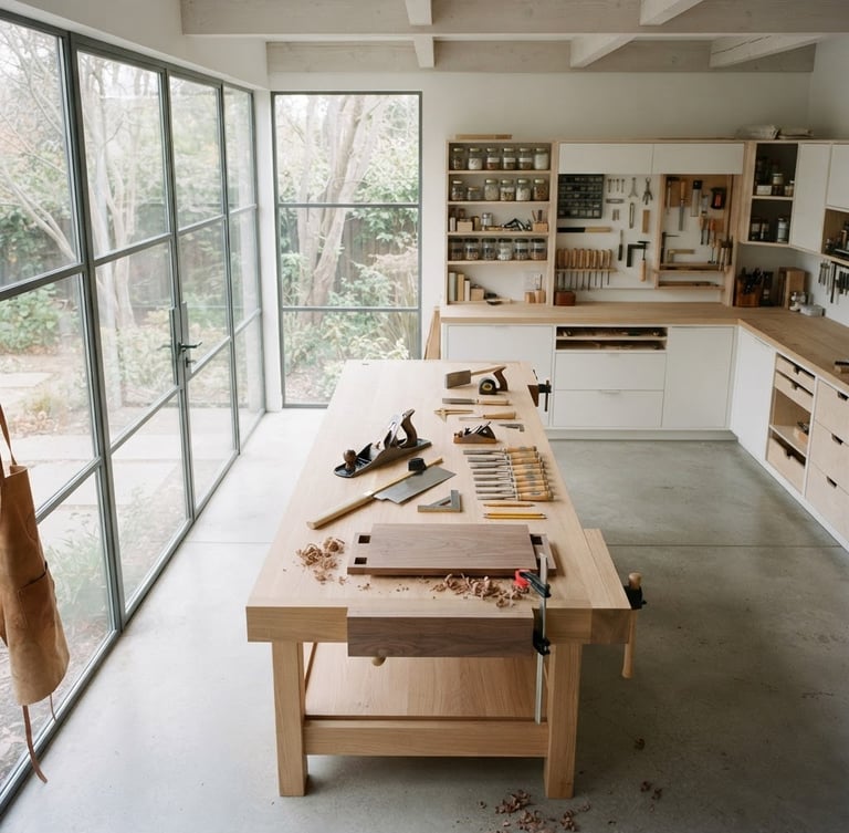 Vista aérea de un taller de carpintería de alta gama, herramientas de precisión sobre una mesa de trabajo de madera, luz natural suave entrando por grandes ventanales, ambiente limpio y minimalista.