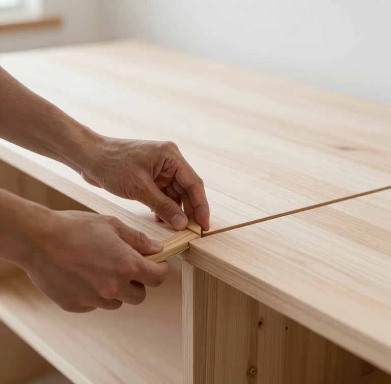 Primer plano de manos de un artesano experto ensamblando una pieza de mobiliario de madera con herramientas tradicionales, enfocado en el detalle de la unión, luz suave lateral, ambiente de taller limpio.