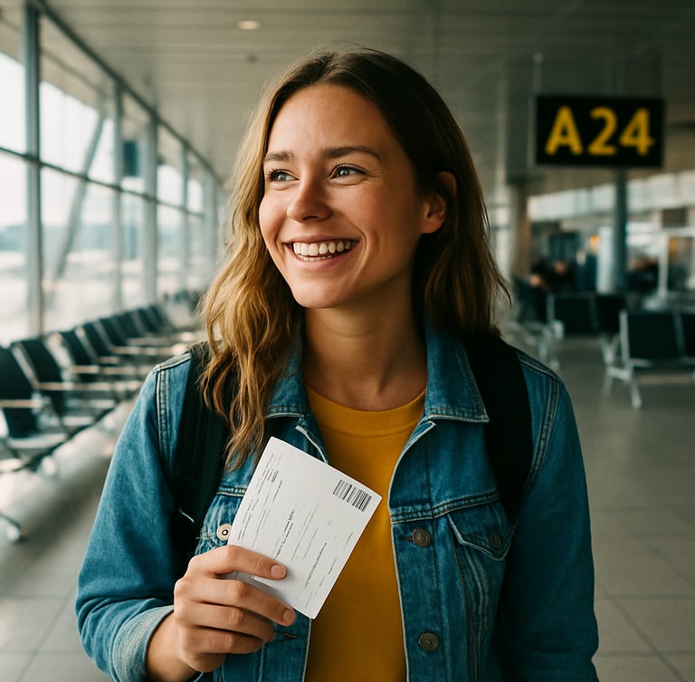Bright editorial travel photography, natural daylight, eye-level candid shot of a traveler holding a boarding pass at a realistic airport terminal gate, 35mm film style