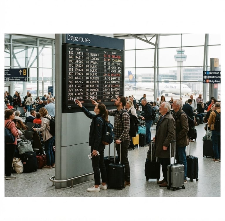 Eye-level candid shot of a realistic airport departures terminal with travelers looking at the scheduling board, natural daylight, 35mm film style.