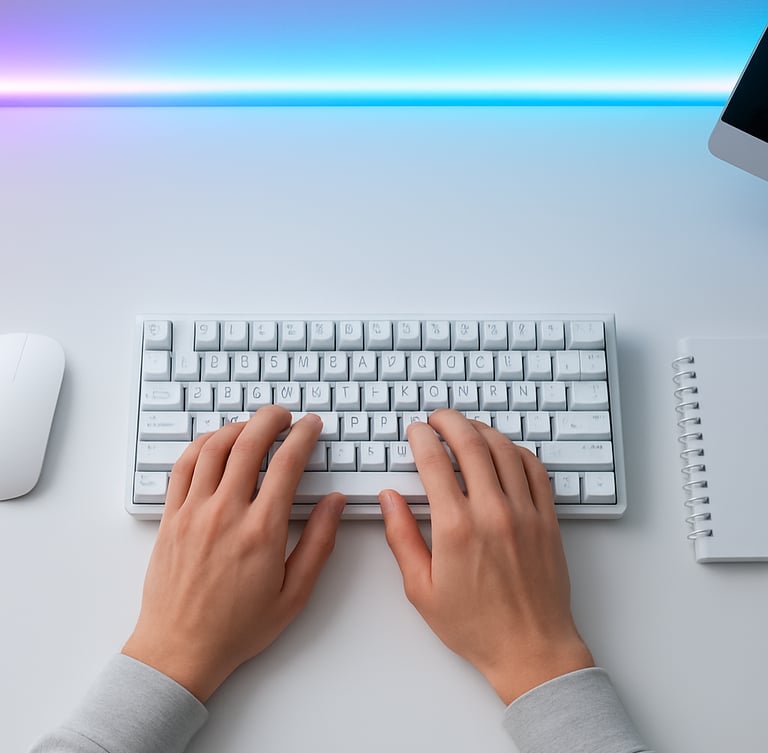 Minimalist clean workspace, overhead view of hands typing on a mechanical keyboard, glowing blue and violet LED light strip in background, sharp focus, 35mm