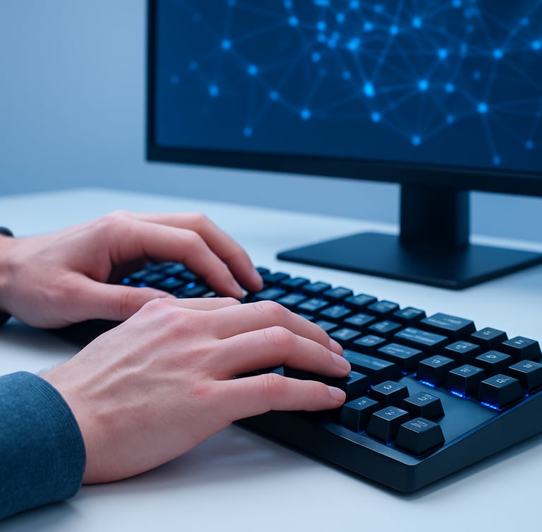 Macro close-up of hands typing code on a mechanical keyboard, glowing digital nodes on a screen in the background, crisp studio lighting, cool blue accents, 35mm