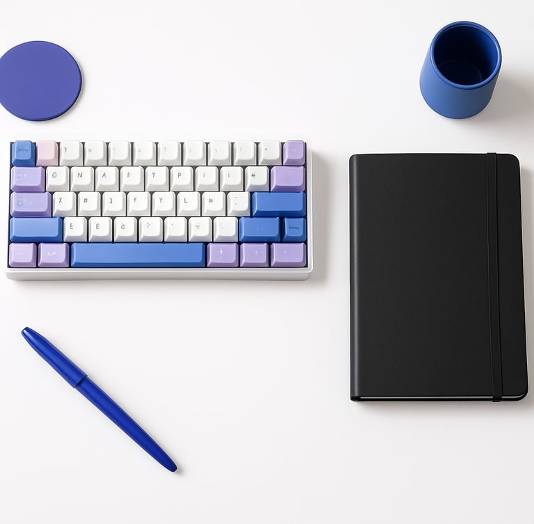Overhead flat lay of a clean, minimalist workspace, crisp bright studio lighting, a mechanical keyboard, a matte black notebook, cool violet and cobalt accents, sharp focus, 35mm