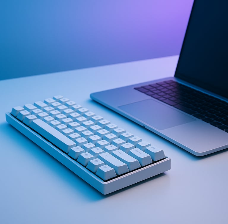 Minimalist workspace with a mechanical keyboard, clean aluminum laptop, soft cool blue and violet ambient light from a screen off-camera, sharp focus, 35mm