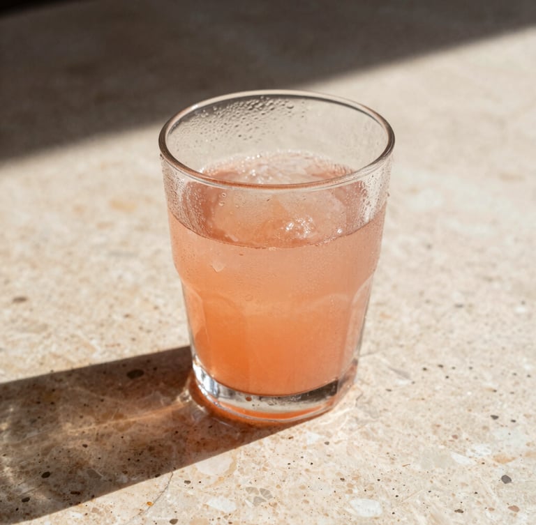 Tight macro shot of a shakerato glass with heavy condensation, harsh Mediterranean sunlight casting deep graphic shadows on travertine stone, warm peach tones, 35mm film